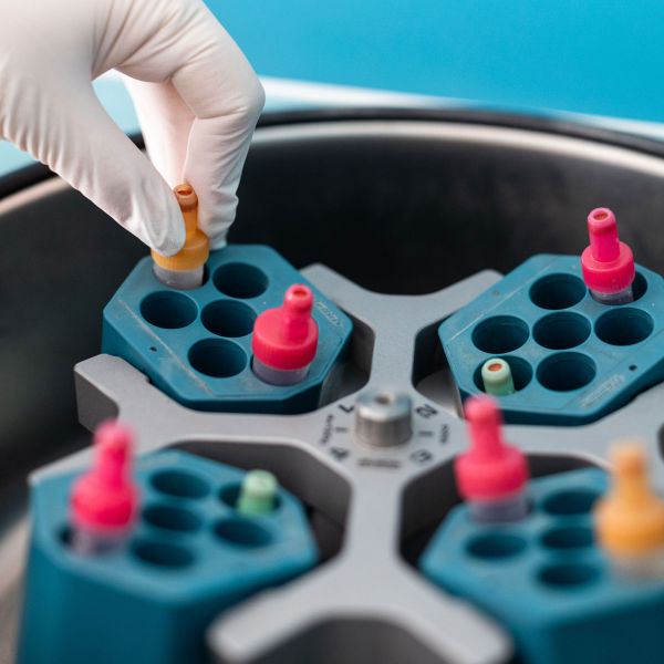 Hand setzt Röhrchen in ein Laborgerät mit mehreren Halterungen