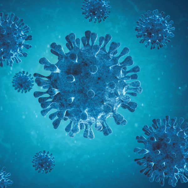 Illustration von runden Virusstrukturen auf blauem Hintergrund